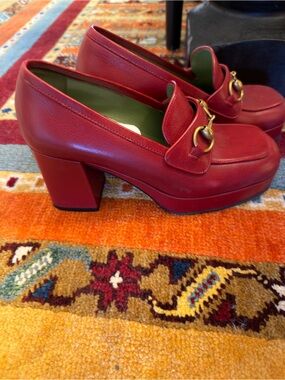 GUCCI Red Leather Platform Loafers with Gold Bit Detail
